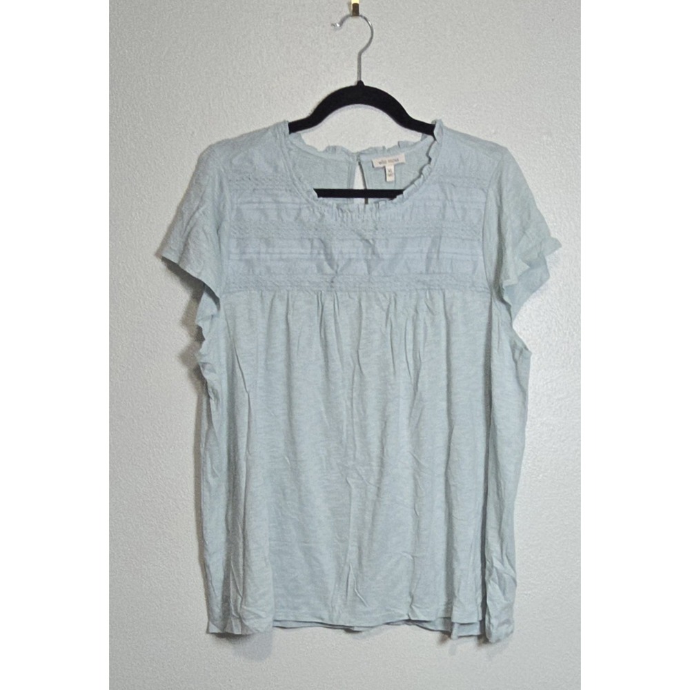Ella Moss Knit Top Size XL Sage Light Blue Lace Inset Keyhole Ruffle Short...